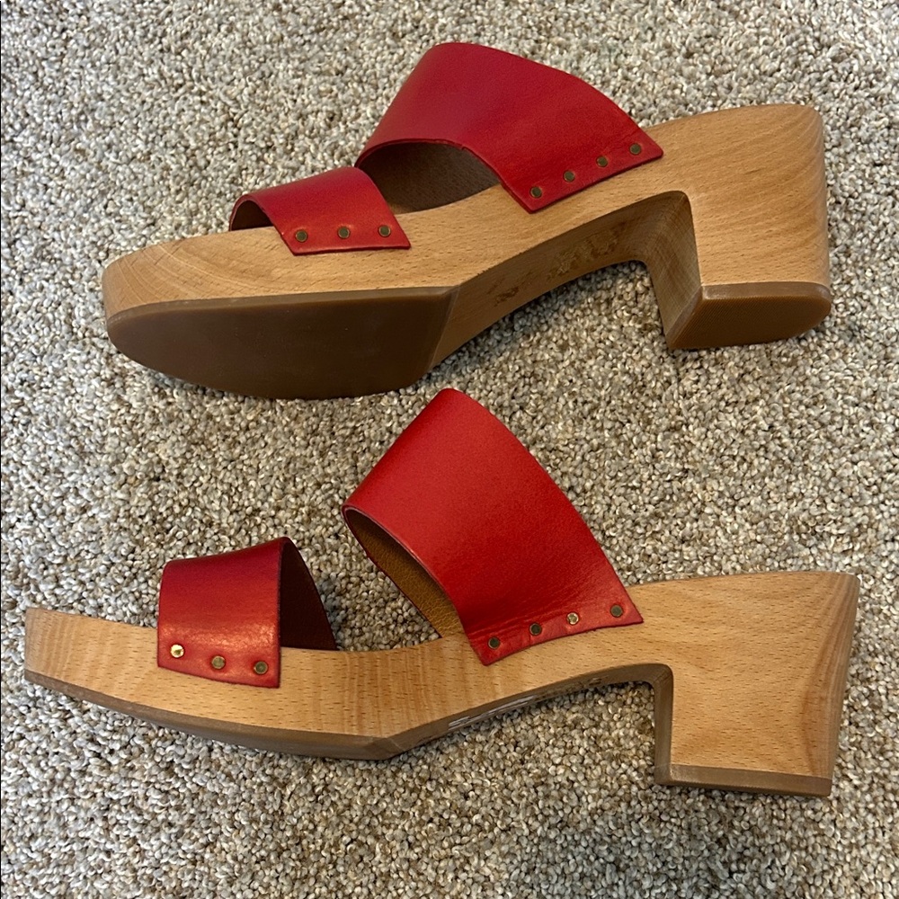 Madewell The Clara Clog Sandals Red Double-Strap Wood Block Heel Mules 9 - Picture 4 of 7